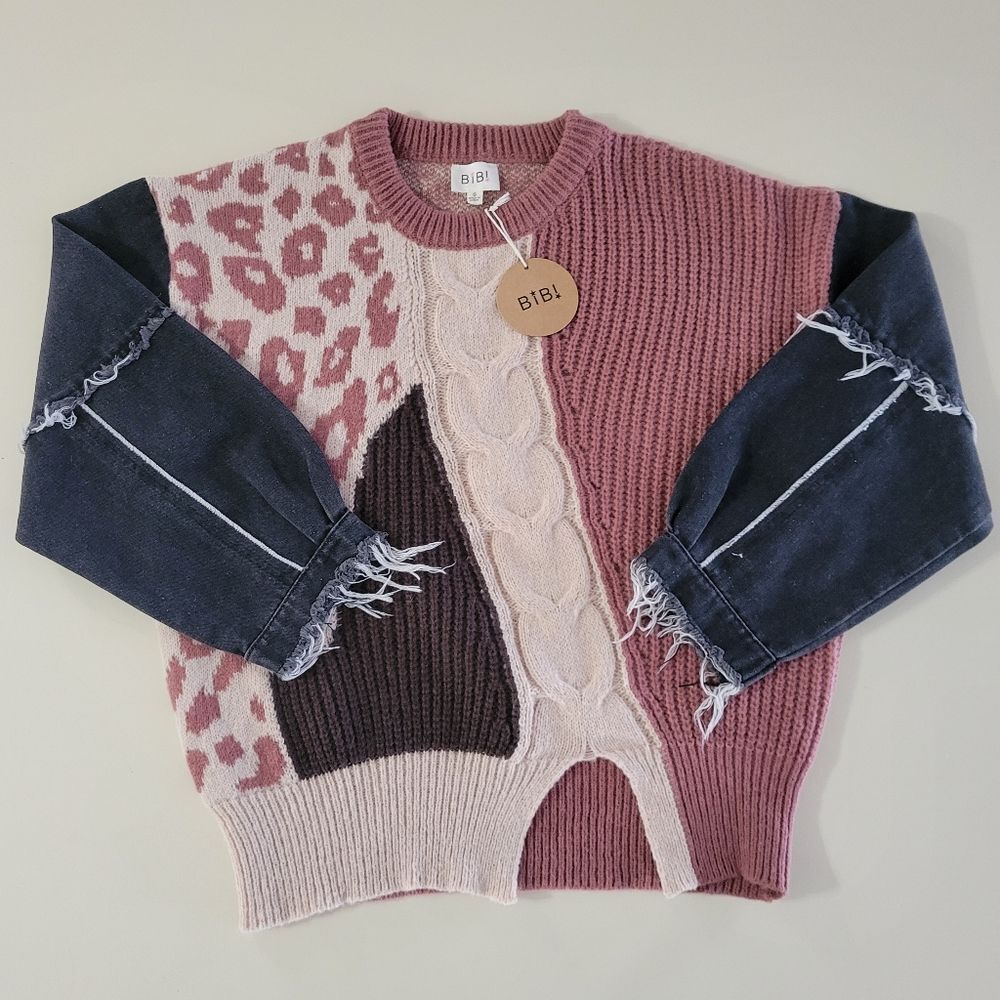 BiBi Denim Sleeve Leopard Sweater Rose Creme Black - Picture 3 of 16